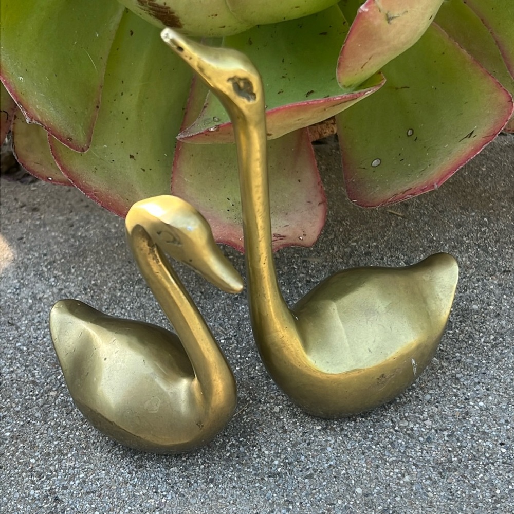 Vintage 1970s pair of brass swan figures knickknack pair of brass swans